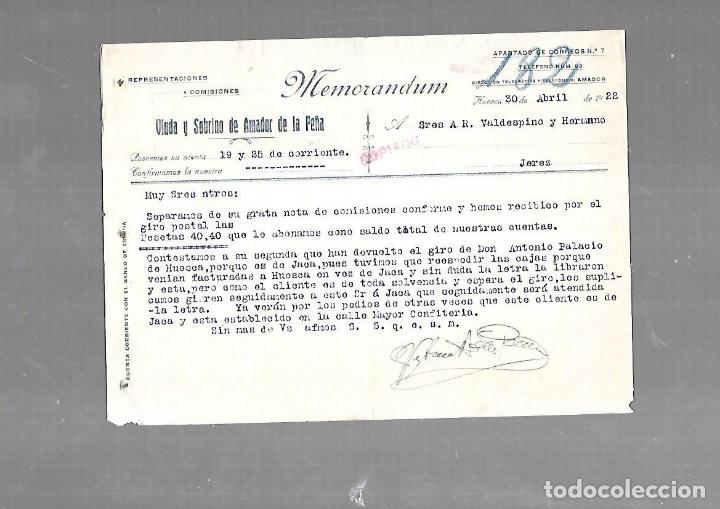Documentos antiguos: MEMORANDUM. VIUDA Y SOBRINO DE AMADOR DE LA PE&Ntilde;A. 1922. HUESCA