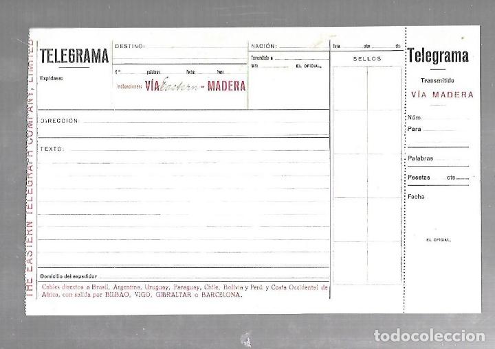 Documentos antiguos: TELEGRAMA. THE EASTERN TELEGRAPH COMPANY. VIA MADERA. SIN ESCRIBIR. VER