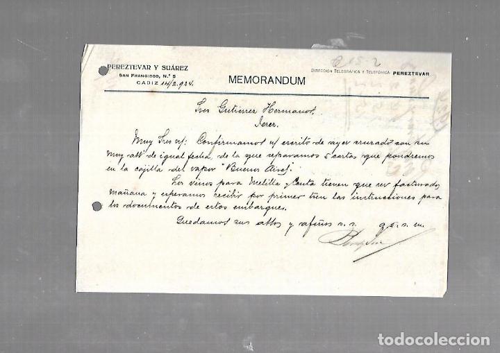 Documentos antigos: MEMORANDUM. PEREZTEVAR Y SUAREZ. CADIZ. 1924