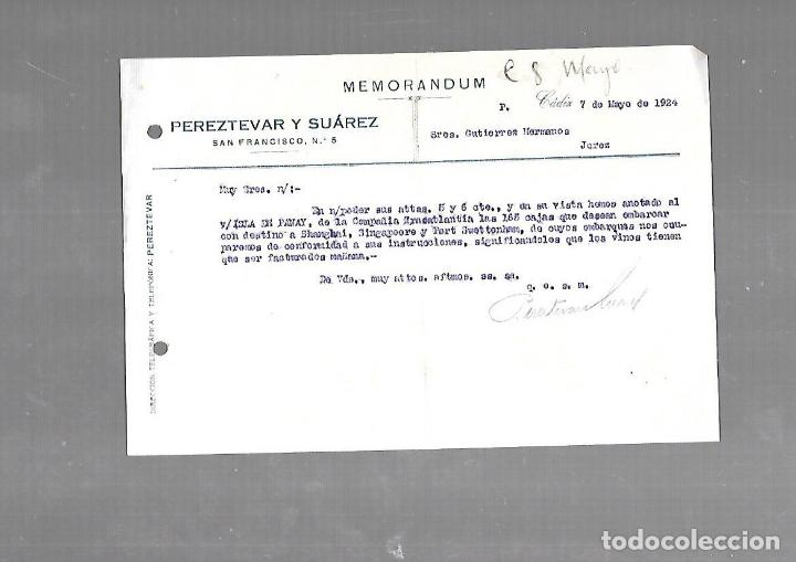 Documentos antigos: MEMORANDUM. PEREZTEVAR Y SUAREZ. CADIZ. 1924
