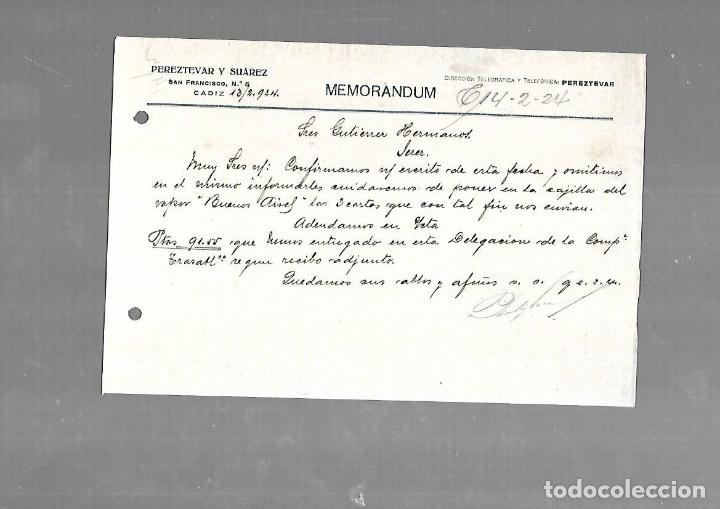 Documentos antigos: MEMORANDUM. PEREZTEVAR Y SUAREZ. CADIZ. 1924
