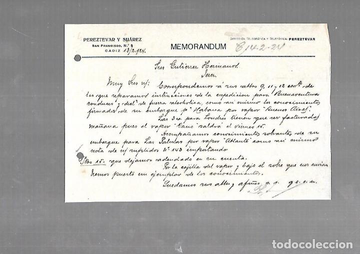 Documentos antigos: MEMORANDUM. PEREZTEVAR Y SUAREZ. CADIZ. 1924