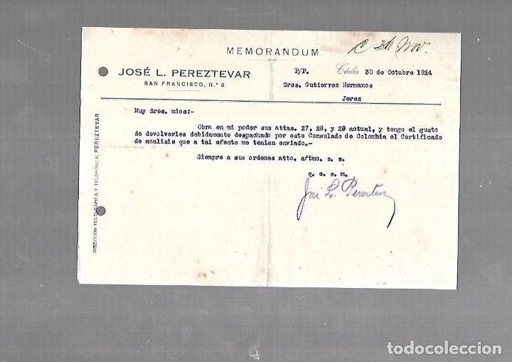 Documentos antigos: MEMORANDUM. PEREZTEVAR Y SUAREZ. CADIZ. 1924