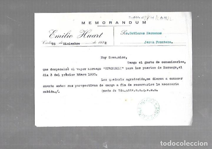 Documentos antigos: MEMORANDUM. EMILIO HUART. CADIZ. 1932