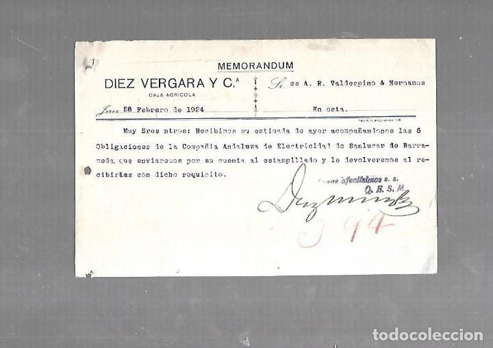 Old Documents: MEMORANDUM. DIEZ VERGARA Y CIA. CAJA AGRICOLA. 1924. JEREZ