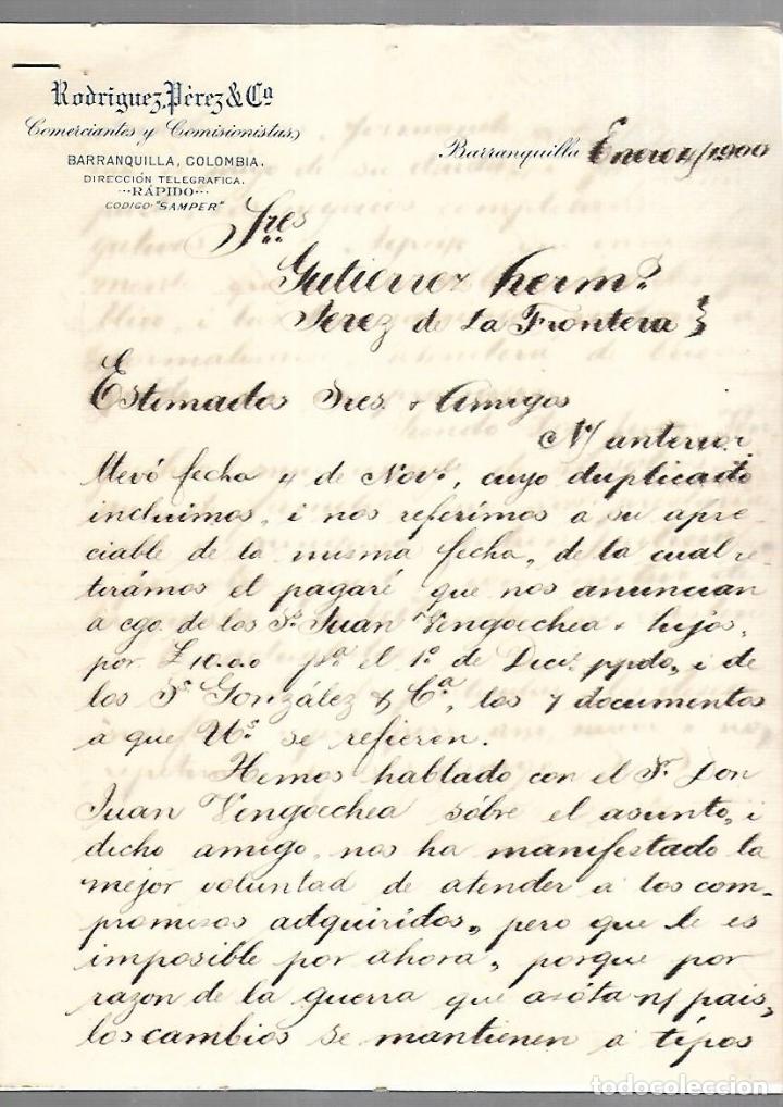 Documenti antichi: CARTA COMERCIAL. 2 PAGINAS. RODRIGUEZ PEREZ & CIA. BARRANQUILLA, COLOMBIA. 1900