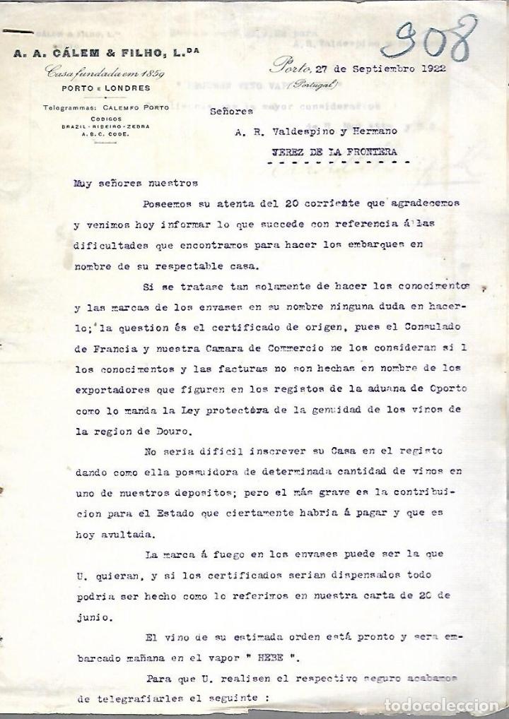Documenti antichi: CARTA COMERCIAL. 2 PAGINAS. A.A.CALEM & FILHO. PORTO, PORTUGAL. 1922