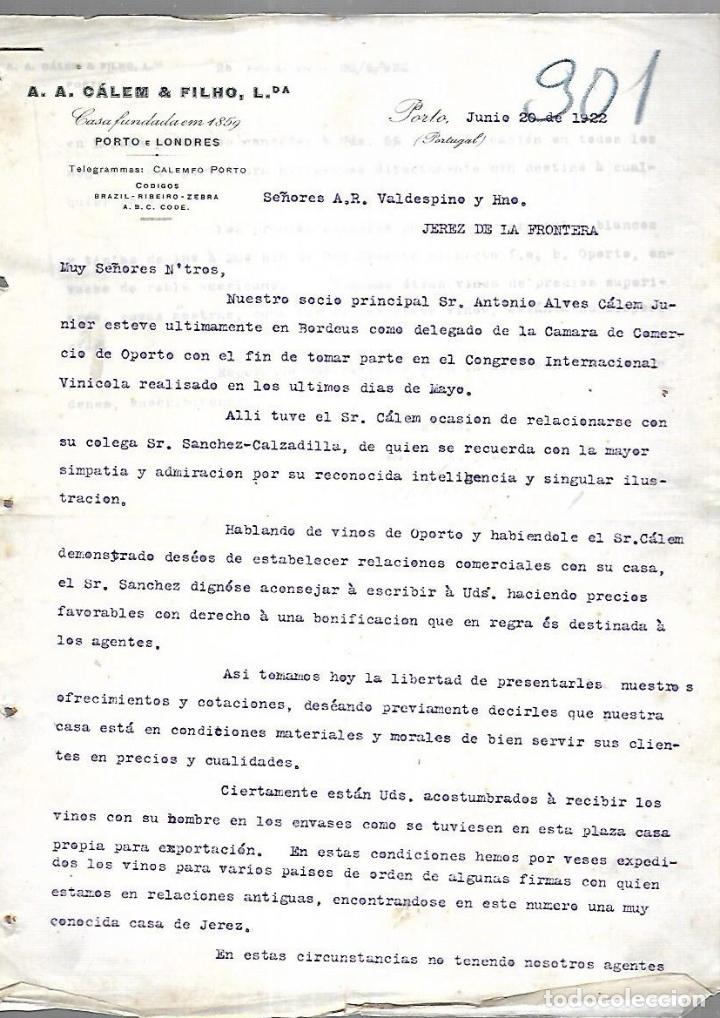 Documenti antichi: CARTA COMERCIAL. 2 PAGINAS. A.A.CALEM & FILHO. PORTO, PORTUGAL. 1922