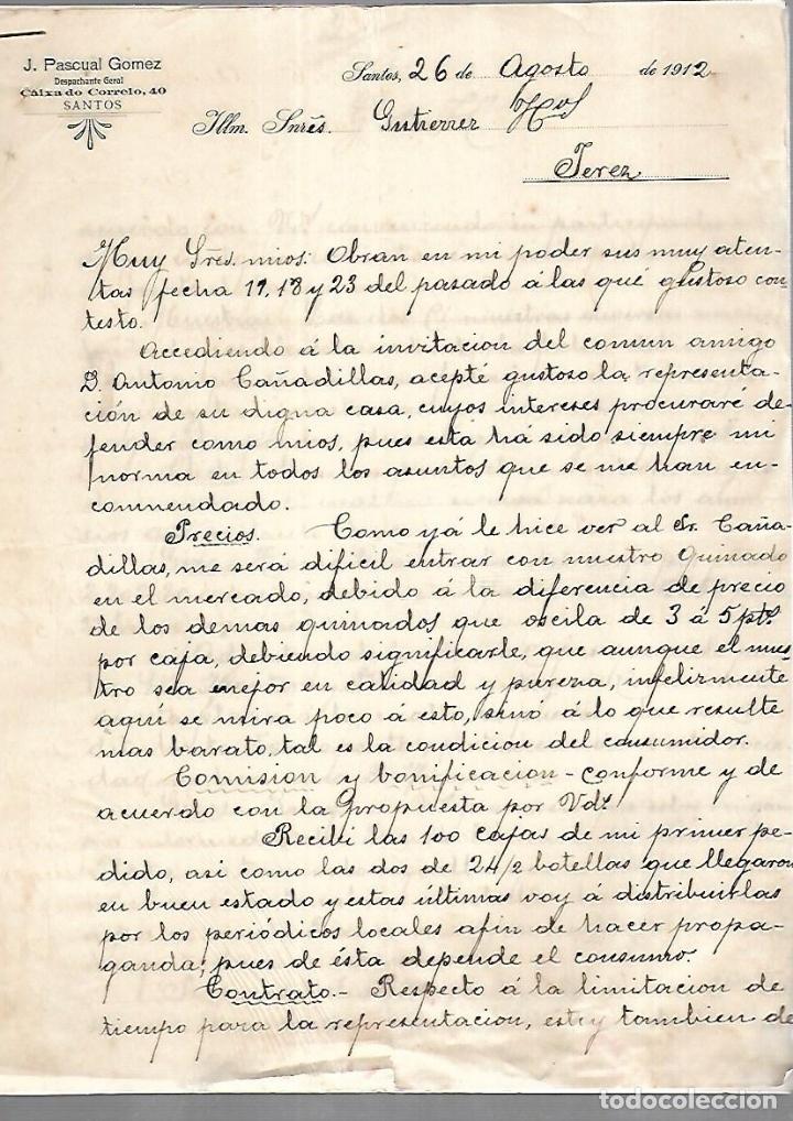 Documenti antichi: CARTA COMERCIAL. 2 PAGINAS. J.PASCUAL GOMEZ. SANTOS. 1912