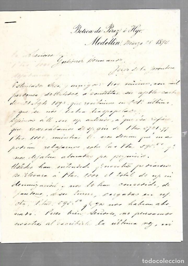 Documenti antichi: CARTA COMERCIAL. 2 PAGINAS. BOTICA DE PEREZ E HIJO. MEDELLIN, COLOMBIA. 1894