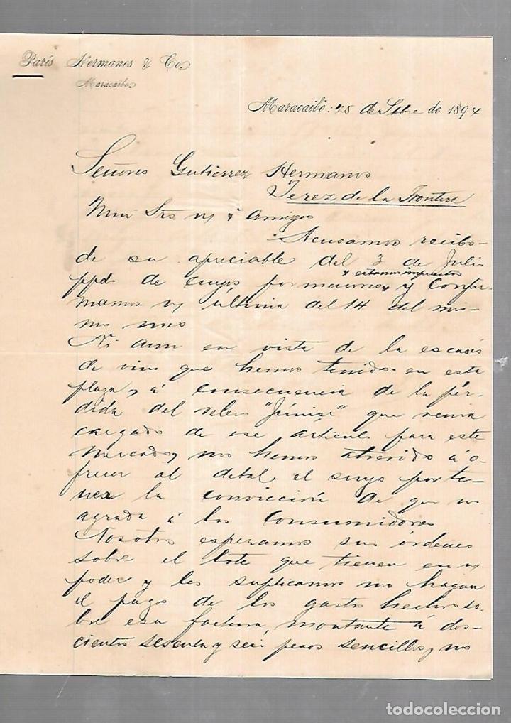Documenti antichi: CARTA COMERCIAL. 2 PAGINAS. PARIS HERMANOS & CIA. MARACAIBO. 1894