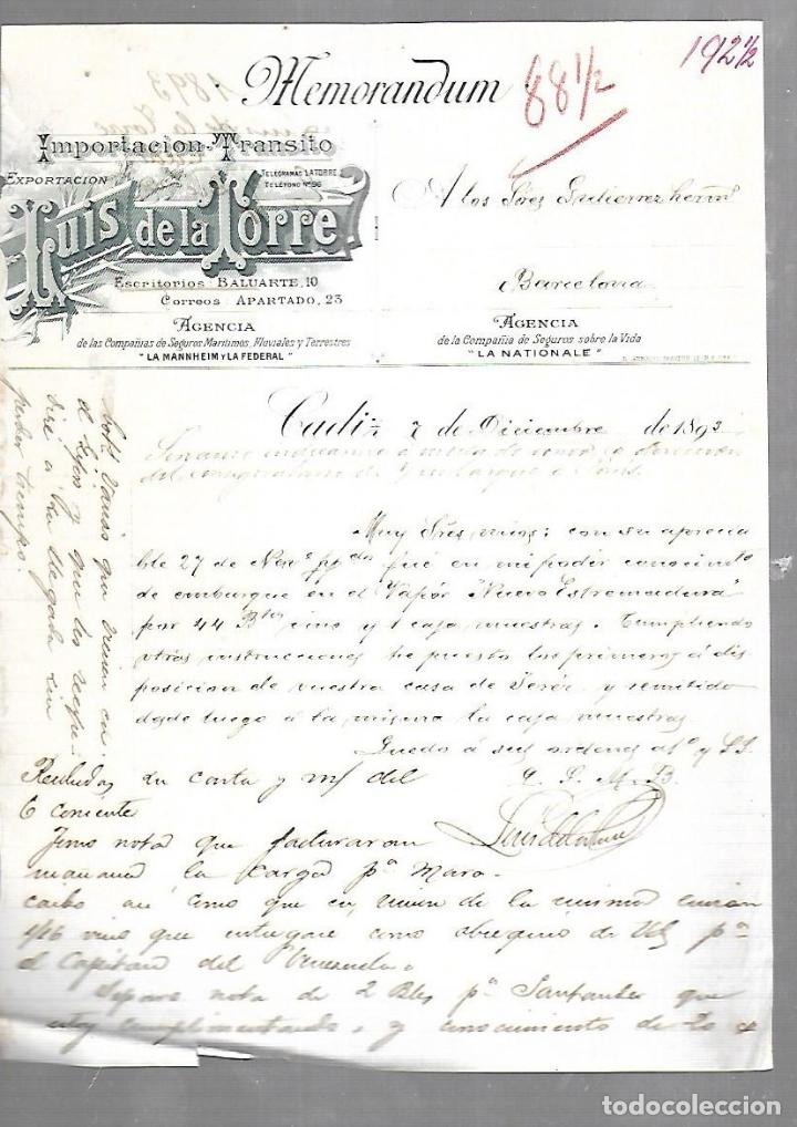Documenti antichi: MEMORANDUM. LUIS DE LA TORRE. TRANSITO. CADIZ. 1893