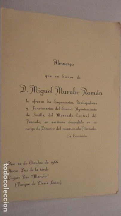 Documentos antiguos: MINUTA.ALMUERZO HONOR D.MIGUEL MURUBE ROM&Aacute;N.DIRECTOR MERCADO CENTRAL DEL PESCADO.SEVILLA 1966