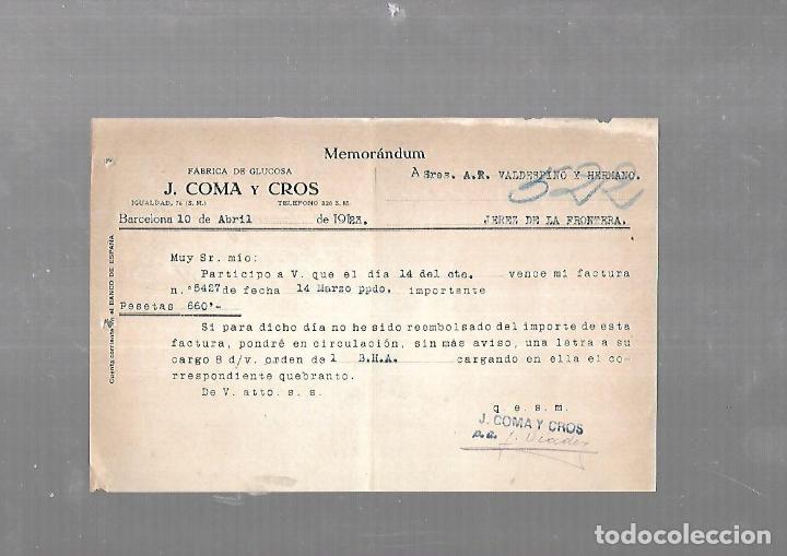 Documentos antiguos: MEMORANDUM. J.COMA Y CROS. FABRICA DE GLUCOSA. BARCELONA. 1923