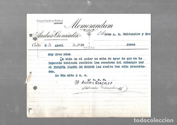 Documenti antichi: MEMORANDUM. ANDRES GONZALEZ. 1922. CADIZ