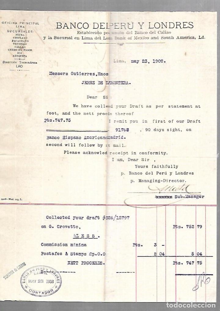 Documenti antichi: FACTURA. BANCO DEL PERU Y LONDRES. LIMA. 1908