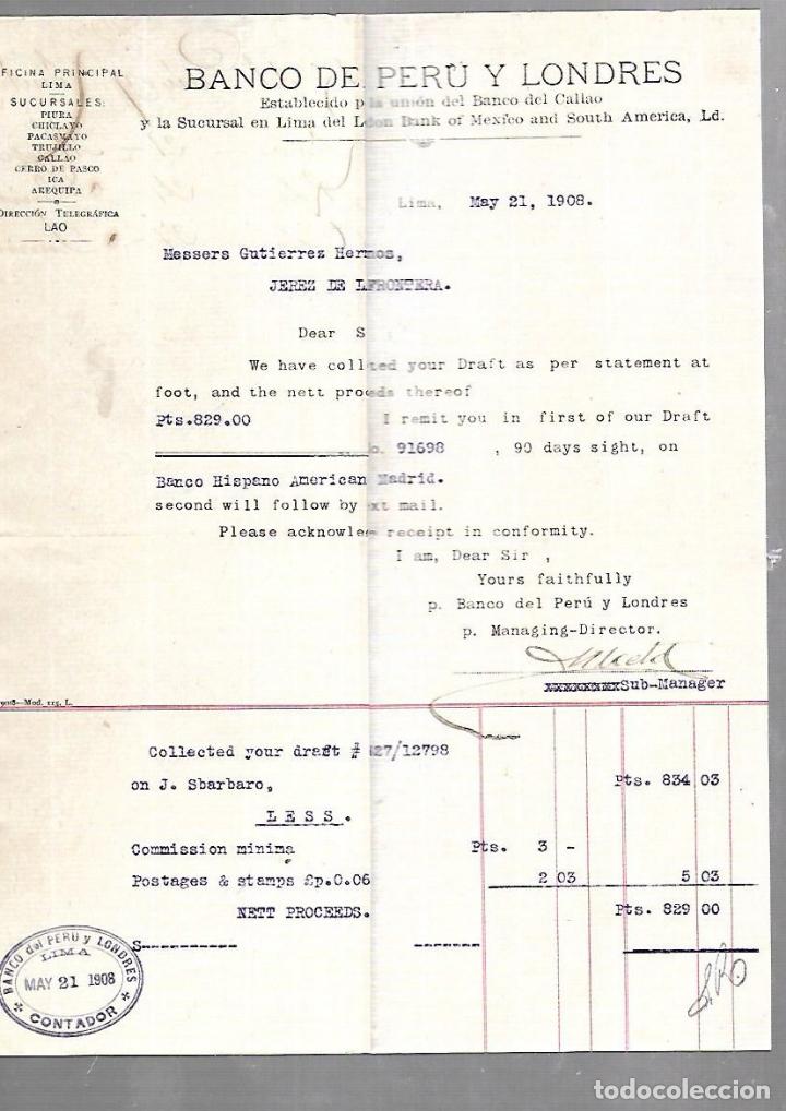 Documenti antichi: FACTURA. BANCO DEL PERU Y LONDRES. LIMA. 1908