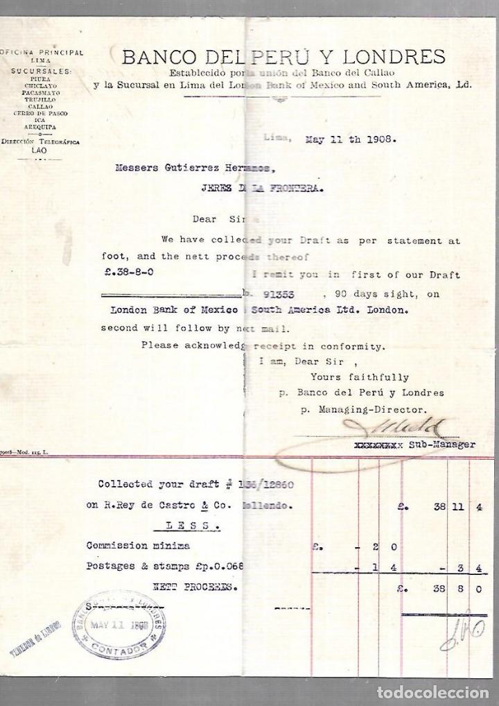 Documenti antichi: FACTURA. BANCO DEL PERU Y LONDRES. LIMA. 1908