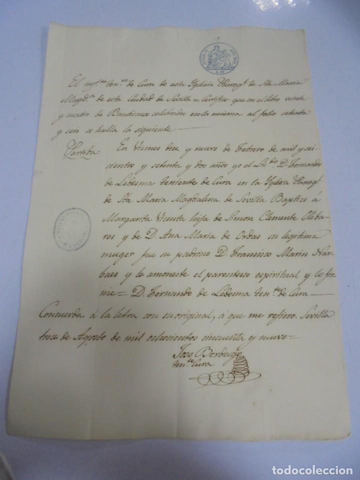 Documenti antichi: SEVILLA. 1859. CERTIFICADO DE BAUTISMO. VER SELLOS