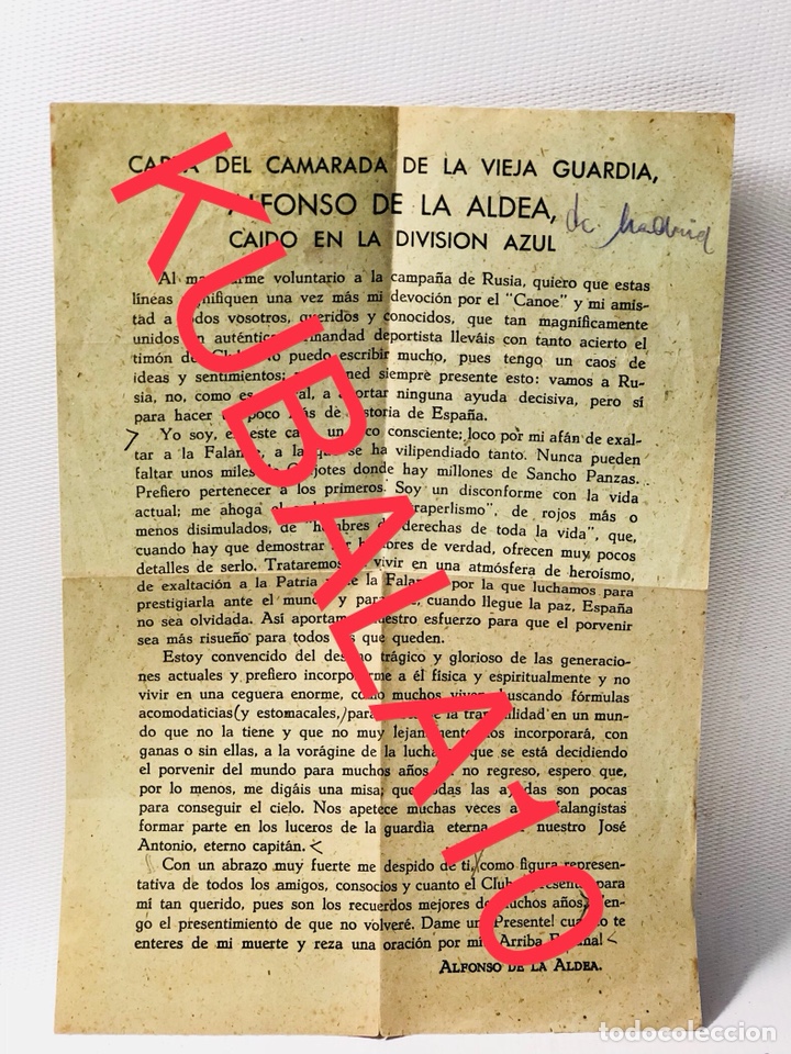 Documentos antiguos: ALFONSO DE LA ALDEA &middot;&middot; CAMARADA DE LA VIEJA GUARDIA &middot;&middot; CAIDO EN LA DIVISION AZUL &middot;&middot;