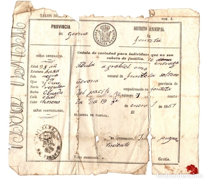 Documentos antiguos: CEDULA DE VECINDAD. DISTRITO FONTETA. GERONA. A&Ntilde;O 1867 - Foto 1