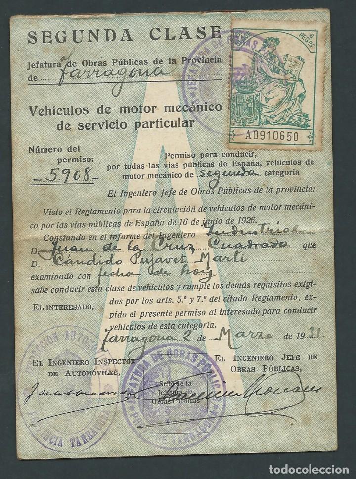 Documents Anciens: permiso circulacion a&ntilde;o 1931 tarragona segunda clase jefatura de obras publicas
