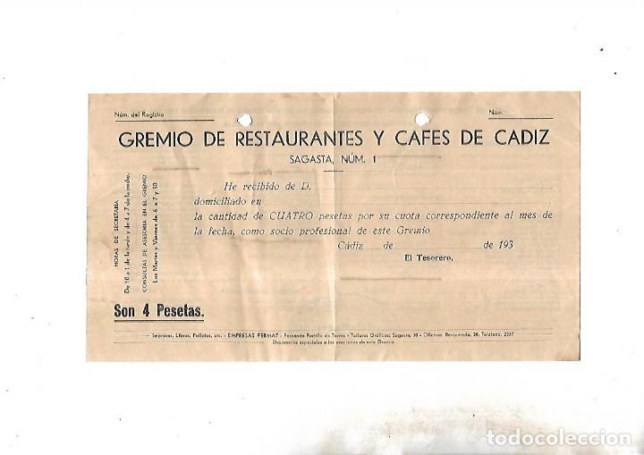 Alte Dokumente: RECIBI DE PAGO DE SOCIO PROFESIONAL. CADIZ. GREMIO RESTAURANTES Y CAFES. 1930. SIN RELLENAR. VER