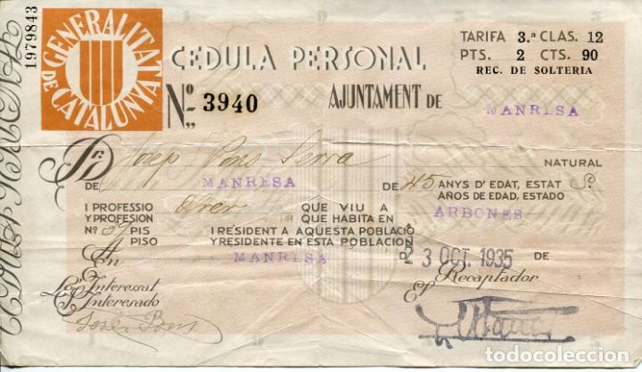 Documentos antiguos: MANRESA-CEDULA PERSONAL-GENERALITAT DE CATALUNYA- 1935 - Foto 1