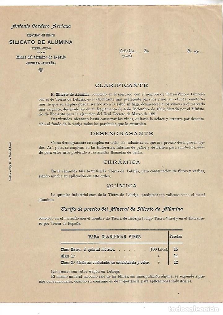Alte Dokumente: ANTONIO CORDERO ARRIAZA. SILICATO DE ALUMINIA. LEBRIJA, SEVILLA. 1910. CON PRECIOS