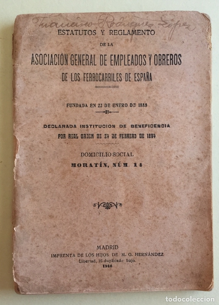 Documents Anciens: FERROCARRILES ESPA&Ntilde;A-  ESTATUTOS Y REGLAMENTO- ASOCIACION DE EMPLEADOS Y OBREROS- 1.916