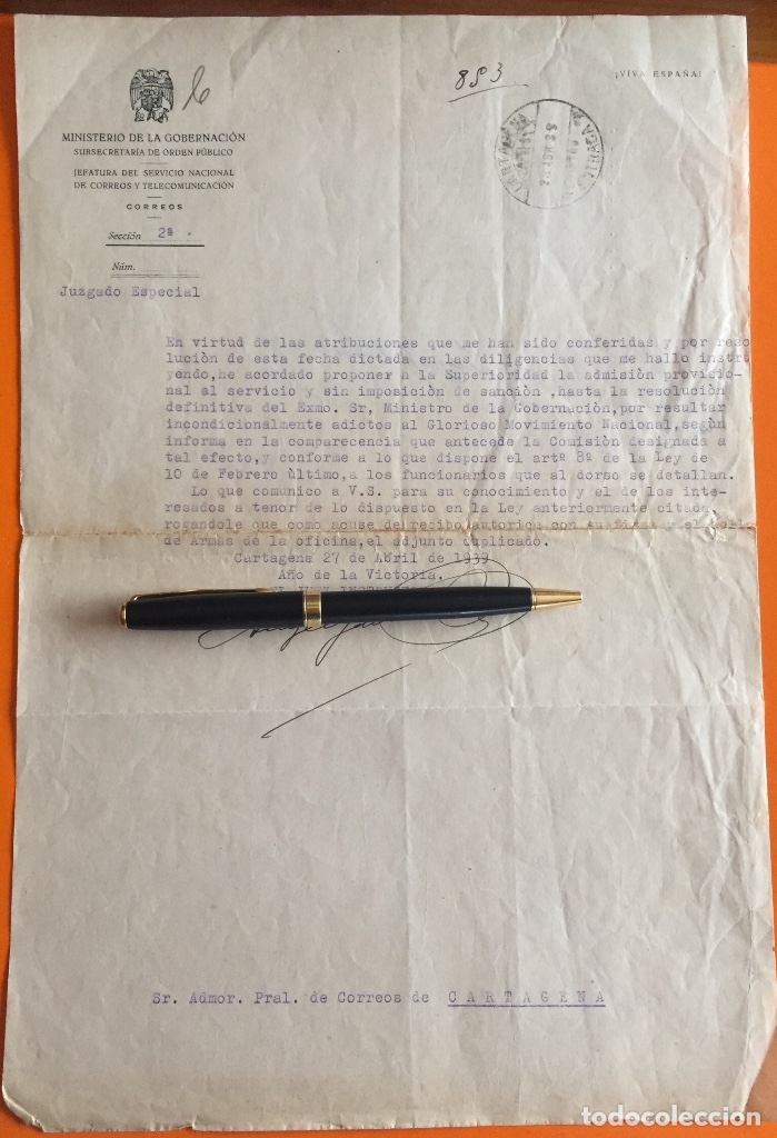 Documents Anciens: CARTAGENA-  MURCIA-     GUERRA CIVIL  -   FUNCIONARIOS CORREOS   -  ABRIL  1.939