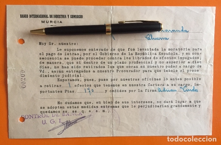 Documents Anciens: MURCIA-  U.G.T.-  GUERRA CIVIL-  REQUERIMIENTO PAGO  BANCO INTERNACIONAL  DE INDUSTRIA