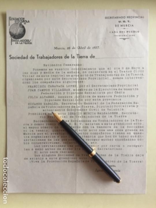 Documentos antiguos: MURCIA- UGT- CASA DEL PUEBLO- TRABAJADORES DE LA TIERRA- GUERRA CIVIL 1.937