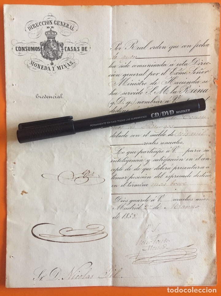 Documents Anciens: MADRID- BURGOS-  CREDENCIAL DIRECCION GENERAL CONSUMOS- CASAS MONEDA Y MINAS-  1.858