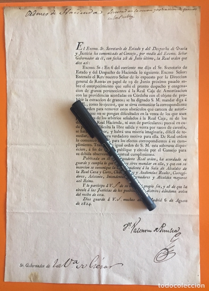 Alte Dokumente: MADRID-  ORDENES HACIENDA- ENAGENACION DE GRANOS-    A&Ntilde;O  1.824-