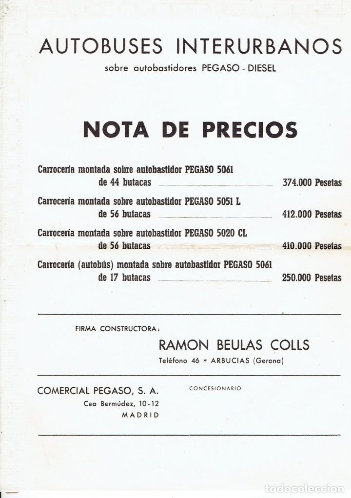 Documentos antiguos: PUBLICIDAD PRECIOS DE CARROCERIAS AUTOBUSES INTERURBANOS SOBRE AUTOBASTIDORES PEGASO-DIESEL.
