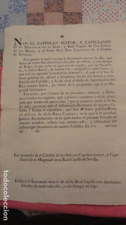 Documentos antiguos: ANTIGUO EDICTO.CAPELLAN MAYOR.REAL CAPILLA NUESTRA SE&Ntilde;ORA DE LOS REYES.SEVILLA SIGLO XVIII?