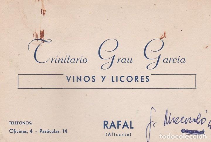 Documentos antiguos: TARJETA COMERCIAL DE VISITA. TRINITARIO GRAU GARCIA. VINOS Y LICORES. RAFAL (ALICANTE)