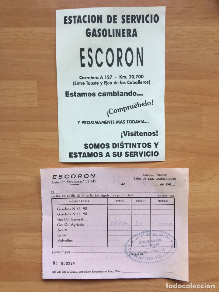 Documentos antiguos: Folleto y recibo de estaci&oacute;n de servicio Escor&oacute;n Modelo 1 // Ejea de los Caballeros // 1982