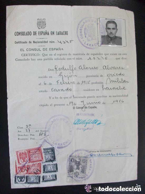 Documentos antiguos: PROTECTORADO : CERTIFICADO DE NACIONALIDAD ESPA&Ntilde;OLA DE MILITAR DE ARTILLERIA. LARECHE, 1956. VI&Ntilde;ETA.