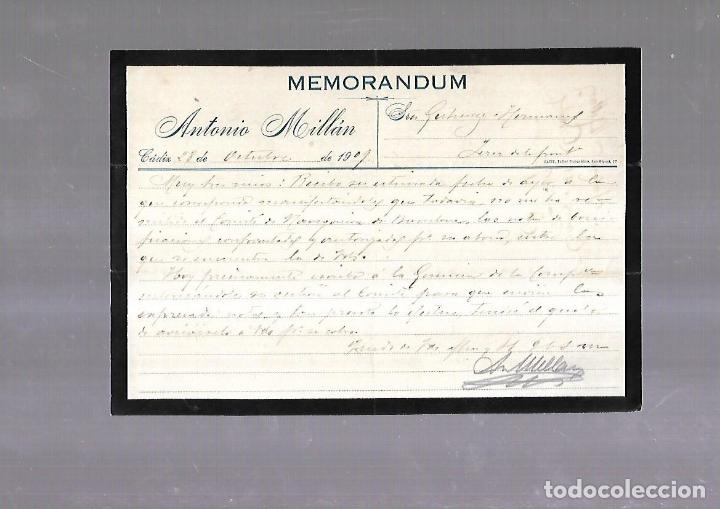 Documentos antiguos: MEMORANDUM. ANTONIO MILLAN. CADIZ. 1909