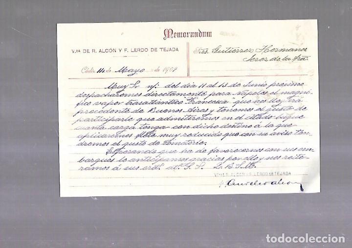 Alte Dokumente: MEMORANDUM. VDA DE R. ALCON Y F. LERDO DE TEJADA. CADIZ. 1909
