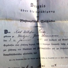Documentos antiguos: CERTIFICADO MAQUINISTA BARCO VAPOR-FLUSSDAMPSCHIFFS ZEUGNIS ¡¡EXPEDIDO 1914!! (VER DESCRIPCIÓN)