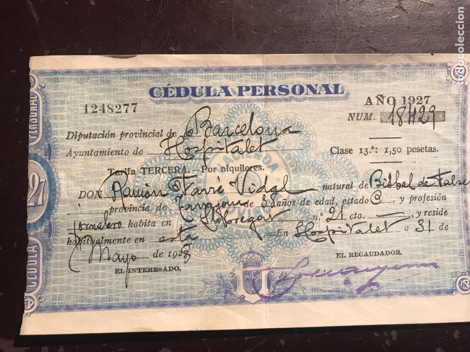 Documentos antiguos: Hospitalet. C&eacute;dula 1927 - Foto 1