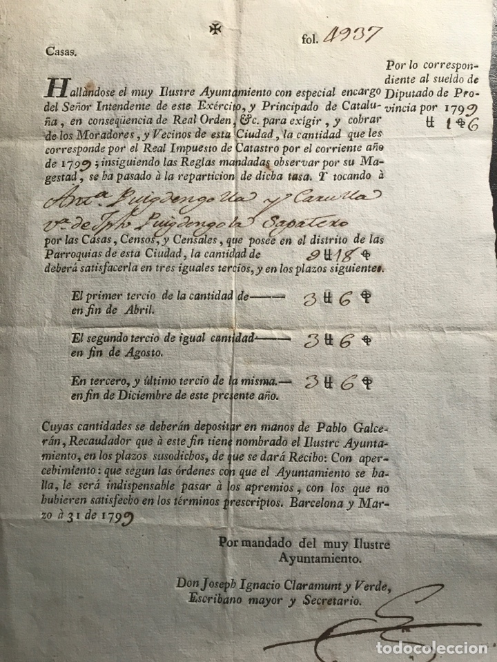 Documentos antiguos: Barcelona. 1799. Impuesto catastro - Foto 1