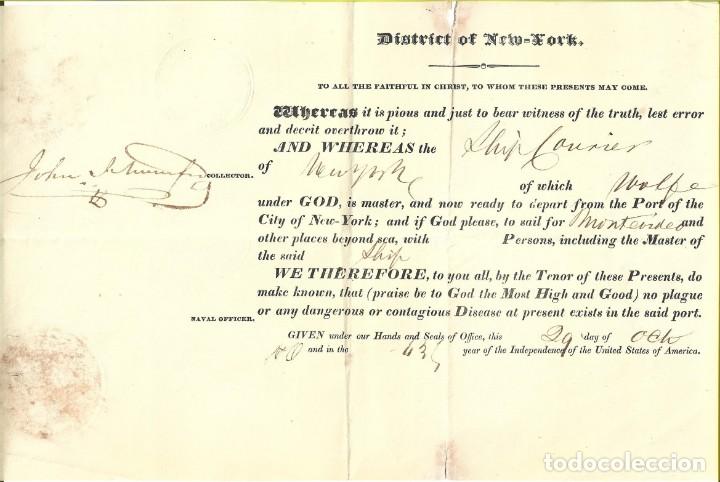 Documentos antiguos: USA 1819 PUERTO DE NUEVA YORK sin PLAGA o ENFERMEDAD CONTAGIOSA que autoriza viaje a MONTEVIDEO