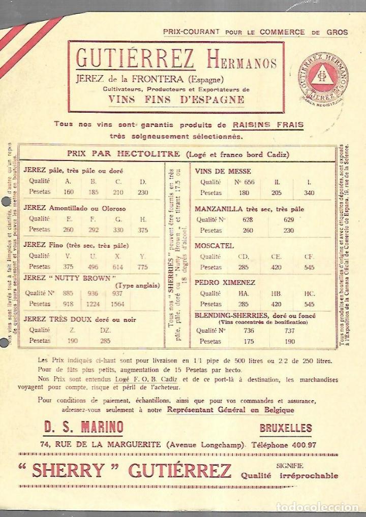 Documentos antiguos: LISTA DE PRECIOS. GUTIERREZ HERMANOS. JEREZ. VINOS FINOS DE ESPA&Ntilde;A. PARA EMBARQUE EN CADIZ