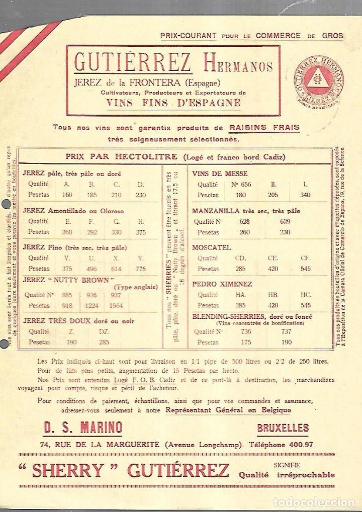 Documentos antiguos: LISTA DE PRECIOS. GUTIERREZ HERMANOS. JEREZ. VINOS FINOS DE ESPA&Ntilde;A. PARA EMBARQUE EN CADIZ