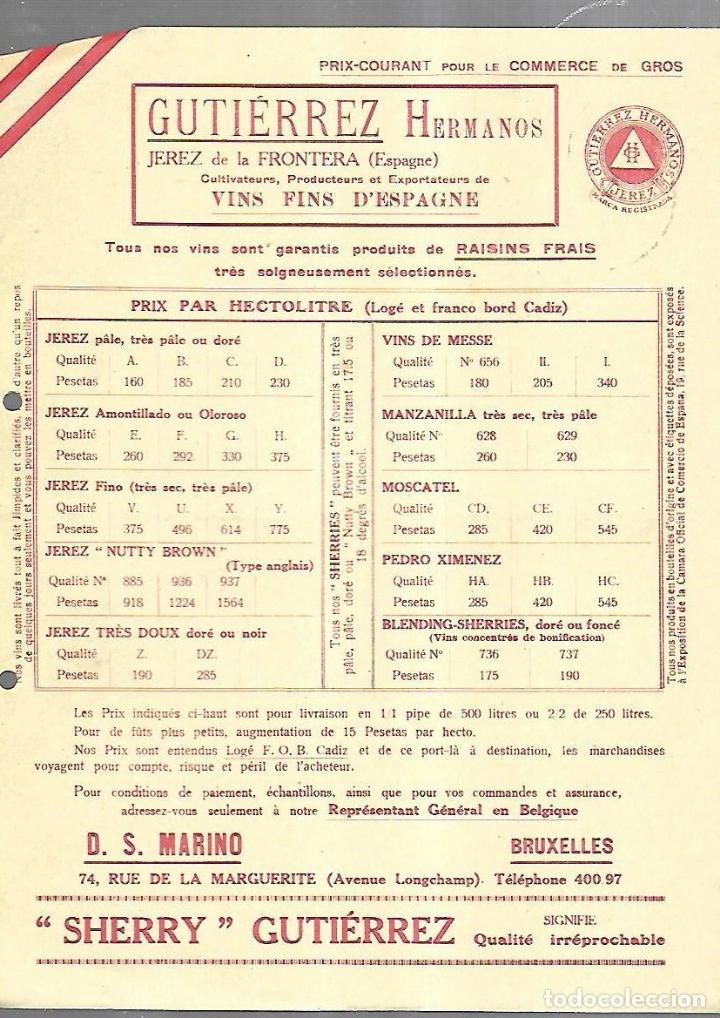 Documentos antiguos: LISTA DE PRECIOS. GUTIERREZ HERMANOS. JEREZ. VINOS FINOS DE ESPA&Ntilde;A. PARA EMBARQUE EN CADIZ