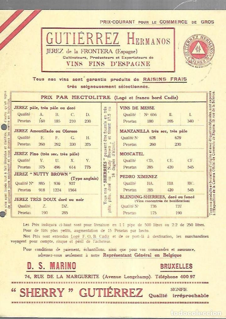 Documentos antiguos: LISTA DE PRECIOS. GUTIERREZ HERMANOS. JEREZ. VINOS FINOS DE ESPA&Ntilde;A. PARA EMBARQUE EN CADIZ